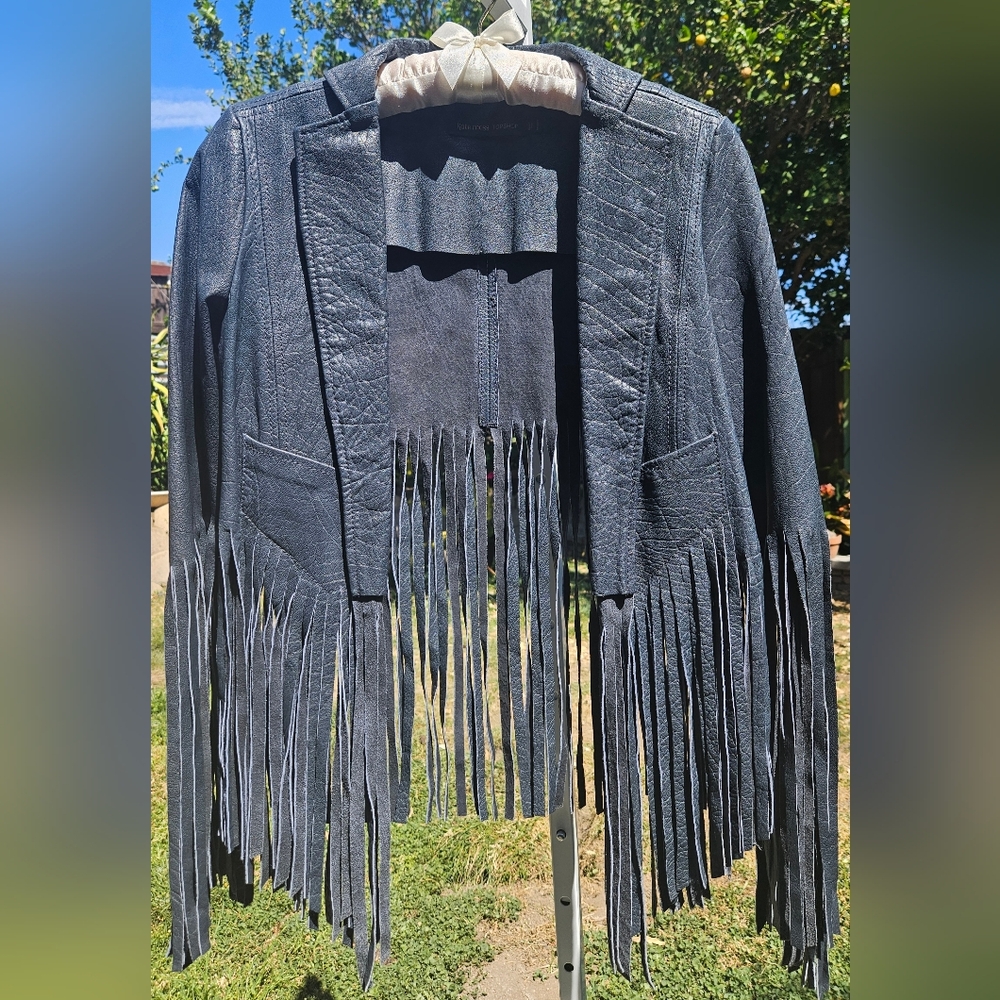 Top Shop Kate Moss leather dark blue navy fringe jacket sz 6 - Picture 6 of 8